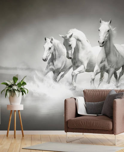 Personalisierbare schwarz-weiße Pferdetapete namens Horses Black & White für Unternehmen, Wohnzimmer und Küchen Personalisierbare schwarz-weiße Pferdetapete namens Horses Black & White für Unternehmen, Wohnzimmer und Küchen