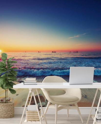 Orangefarbene und blaue Sonnenuntergangstapete mit dem Titel Colourful Sunrise Over the Sea für Schlafzimmer, Heimbüros und Wohnzimmer Orangefarbene und blaue Sonnenuntergangstapete mit dem Titel Colourful Sunrise Over the Sea für Schlafzimmer, Heimbüros und Wohnzimmer