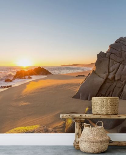 Steinete strand med en vakker solnedgang tapet Steinete strand med en vakker solnedgang tapet