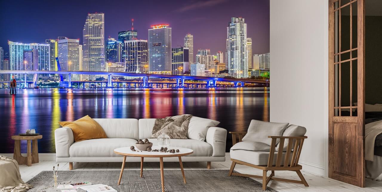 Colourful Miami at Night Wallpaper Mural | Wallsauce US