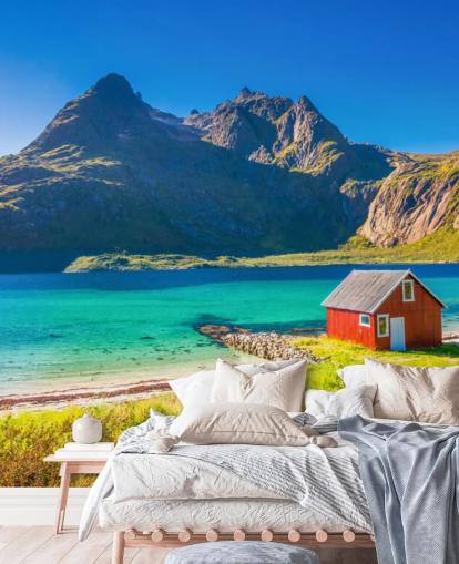 Beach Mountain View with Red Hut Wallpaper Beach Mountain View with Red Hut Wallpaper