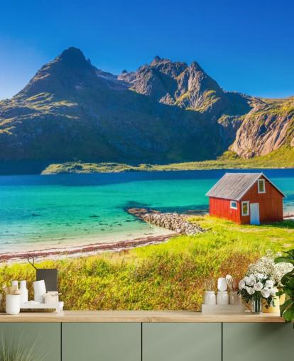 Strand bergsutsikt med röd Hut Bakgrund Strand bergsutsikt med röd Hut Bakgrund