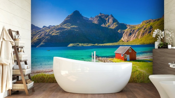 Beach Mountain View med Red Hut Baggrund