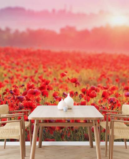 red floral wallpaper mural called Red Poppy Sunrise for lounges and bedrooms red floral wallpaper mural called Red Poppy Sunrise for lounges and bedrooms