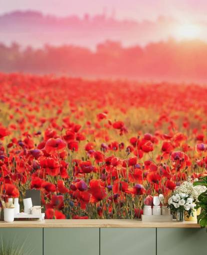 red floral wallpaper mural called Red Poppy Sunrise for lounges and bedrooms red floral wallpaper mural called Red Poppy Sunrise for lounges and bedrooms