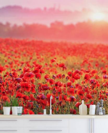 röd blommig tapetväggmålning kallad Red Poppy Sunrise för lounger och sovrum röd blommig tapetväggmålning kallad Red Poppy Sunrise för lounger och sovrum