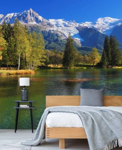 blue and green customisable lake wallpaper called Snow Capped Mountains for bedroom or office blue and green customisable lake wallpaper called Snow Capped Mountains for bedroom or office