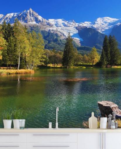 blå og grønn tilpassbar innsjø tapet kalt Snow Capped Mountains for soverom eller kontor blå og grønn tilpassbar innsjø tapet kalt Snow Capped Mountains for soverom eller kontor