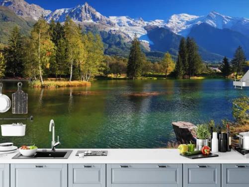 blue and green customizable lake wallpaper called Snow Capped Mountains for bedroom or office