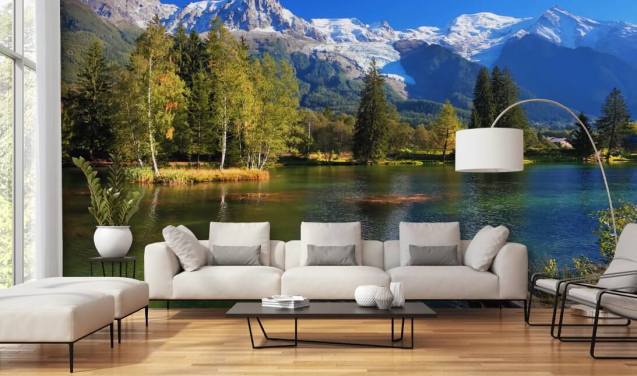 papier peint de lac personnalisable bleu et vert appelé Snow Capped Mountains pour chambre ou bureau