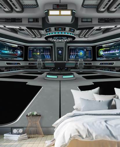 silver 3d anpassad rymdskepp tapetväggmålning kallad Spaceship Deck för barns sovrum och tonårsrum silver 3d anpassad rymdskepp tapetväggmålning kallad Spaceship Deck för barns sovrum och tonårsrum