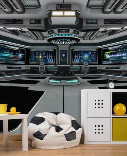 sølv 3d tilpasset romskip tapetmaleri kalt Spaceship Deck for barnas soverom og tenåringssoverom sølv 3d tilpasset romskip tapetmaleri kalt Spaceship Deck for barnas soverom og tenåringssoverom