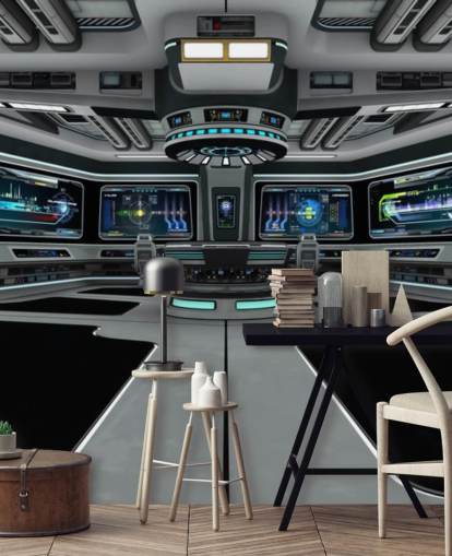 sølv 3d brugerdefineret rumskibstapetmaleri kaldet Spaceship Deck til børns soveværelse og teenagersoveværelser sølv 3d brugerdefineret rumskibstapetmaleri kaldet Spaceship Deck til børns soveværelse og teenagersoveværelser