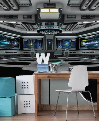 zilveren 3d op maat gemaakte ruimteschip behangmuurschildering genaamd Spaceship Deck voor kinderkamer en tienerkamers zilveren 3d op maat gemaakte ruimteschip behangmuurschildering genaamd Spaceship Deck voor kinderkamer en tienerkamers