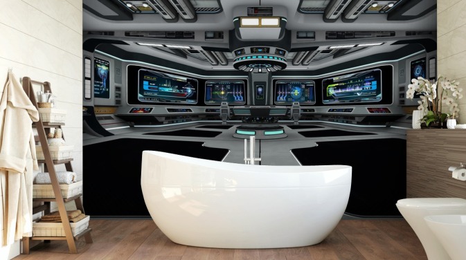 sølv 3d tilpasset romskip tapetmaleri kalt Spaceship Deck for barnas soverom og tenåringssoverom