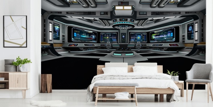 silver 3d anpassad rymdskepp tapetväggmålning kallad Spaceship Deck för barns sovrum och tonårsrum