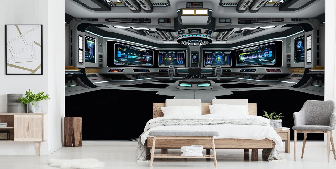 silver 3d custom spaceship wallpaper mural called Spaceship Deck for child's bedroom and teen bedrooms