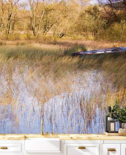 Boat Resting Amongst Reeds on Lake Wall Mural Boat Resting Amongst Reeds on Lake Wall Mural