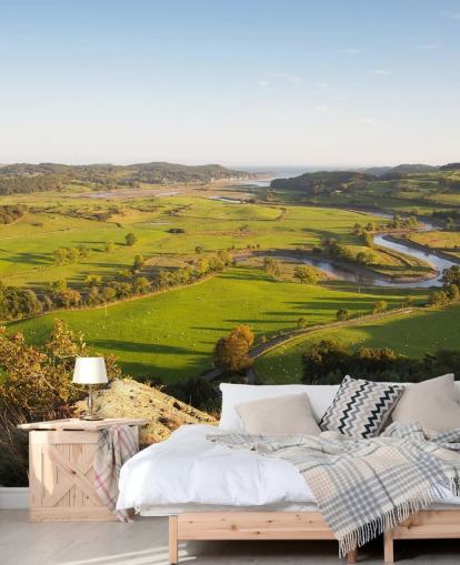 Solnedgång i grönt landsbygdslandskap väggmålning Solnedgång i grönt landsbygdslandskap väggmålning