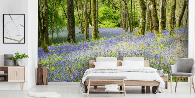 Blaue und grüne individuelle Waldtapete namens Into the Blue von Phil McMenemy für Wohnzimmer