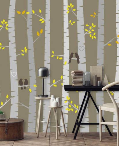 Decorazione murale con uccelli innamorati in una foresta Decorazione murale con uccelli innamorati in una foresta