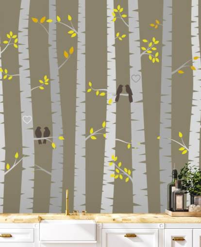 Decorazione murale con uccelli innamorati in una foresta Decorazione murale con uccelli innamorati in una foresta