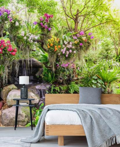 green custom waterfall wallpaper mural called Orchid Garden Waterfall for living rooms green custom waterfall wallpaper mural called Orchid Garden Waterfall for living rooms