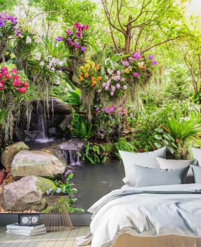 carta da parati murale verde personalizzata a cascata chiamata Orchid Garden Waterfall per salotti carta da parati murale verde personalizzata a cascata chiamata Orchid Garden Waterfall per salotti