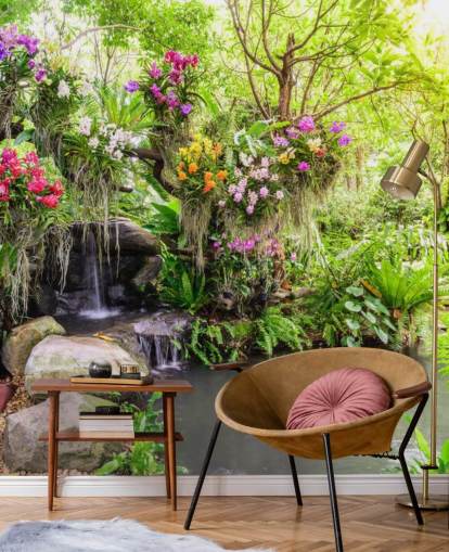 papier peint mural en cascade personnalisé vert appelé Orchid Garden Waterfall pour les salons papier peint mural en cascade personnalisé vert appelé Orchid Garden Waterfall pour les salons