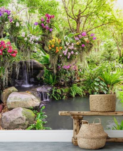 green custom waterfall wallpaper mural called Orchid Garden Waterfall for living rooms green custom waterfall wallpaper mural called Orchid Garden Waterfall for living rooms