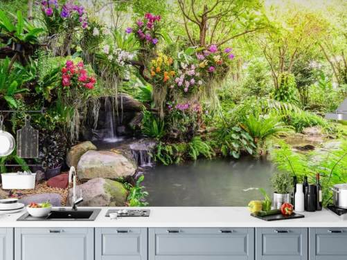 grønt tilpasset foss tapetmaleri kalt Orchid Garden Waterfall for stuer