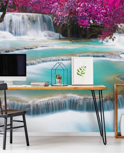 mural de papel pintado personalizado de color turquesa y rosa llamado Kuang Si Waterfall para dormitorios, comedores y espacios de relajación mural de papel pintado personalizado de color turquesa y rosa llamado Kuang Si Waterfall para dormitorios, comedores y espacios de relajación