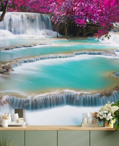 mural de papel pintado personalizado de color turquesa y rosa llamado Kuang Si Waterfall para dormitorios, comedores y espacios de relajación mural de papel pintado personalizado de color turquesa y rosa llamado Kuang Si Waterfall para dormitorios, comedores y espacios de relajación