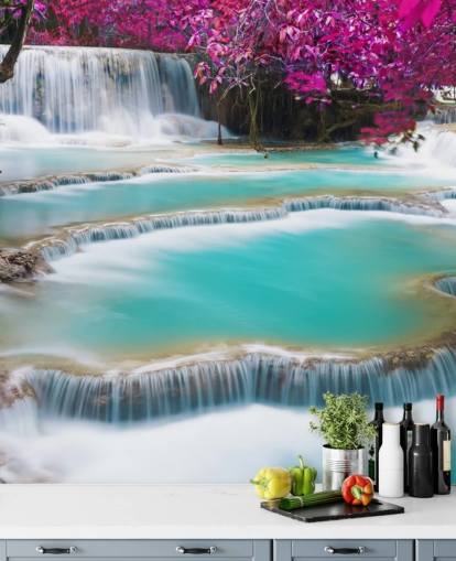 turquoise and pink custom wallpaper mural called Kuang Si Waterfall for bedrooms, dining rooms and relaxation spaces turquoise and pink custom wallpaper mural called Kuang Si Waterfall for bedrooms, dining rooms and relaxation spaces
