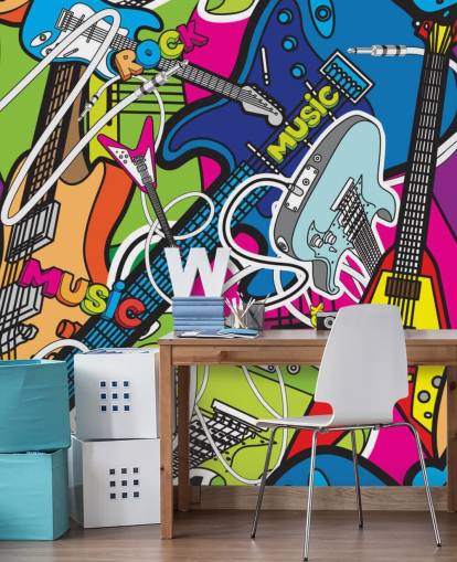 mural de papel pintado de graffiti colorido llamado Colourful Music para escuelas y dormitorios de niños mural de papel pintado de graffiti colorido llamado Colourful Music para escuelas y dormitorios de niños