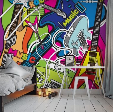 farverigt graffiti tapet vægmaleri kaldet Colourful Music til skoler og børns soveværelser