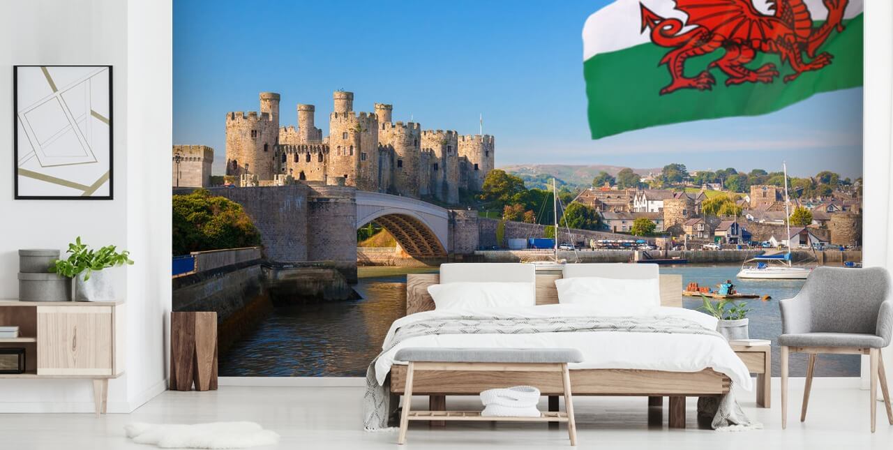 walisisk slott tapetväggmålning kallad Conwy Castle och Welsh Flag för hem, kontor och företag walisisk slott tapetväggmålning kallad Conwy Castle och Welsh Flag för hem, kontor och företag