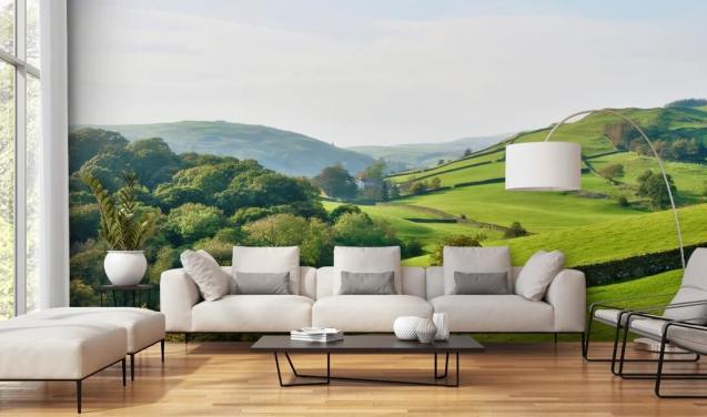 behangmuurschildering op het groene platteland genaamd Hills and Valleys voor slaapkamers, woonkamers en eetkamers