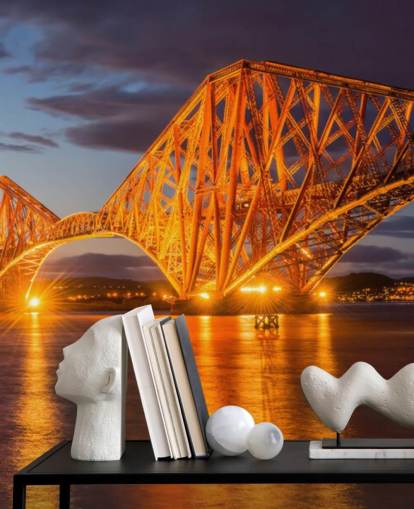 mural de papel de parede laranja e azul da Escócia chamado The Forth Bridge, Edimburgo para residências e escritórios mural de papel de parede laranja e azul da Escócia chamado The Forth Bridge, Edimburgo para residências e escritórios