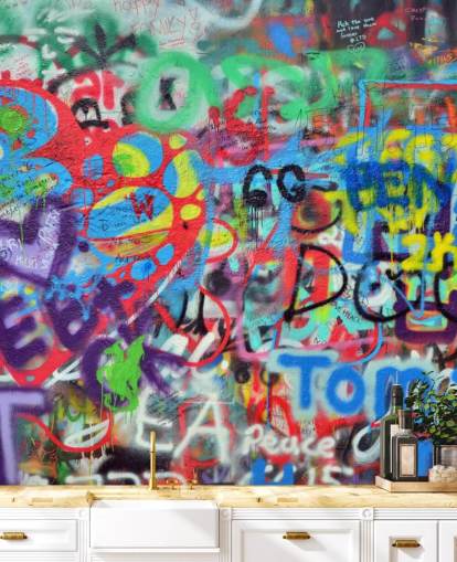 farverigt gadekunst tapetmaleri kaldet Wall Sprayer with Graffiti til teenagersoveværelser farverigt gadekunst tapetmaleri kaldet Wall Sprayer with Graffiti til teenagersoveværelser