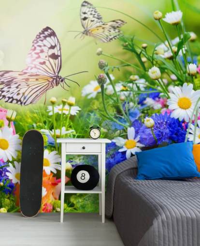 mural de papel pintado de mariposas personalizable azul, verde y blanco llamado Mariposas y flores para negocios, residencias de ancianos y pasillos mural de papel pintado de mariposas personalizable azul, verde y blanco llamado Mariposas y flores para negocios, residencias de ancianos y pasillos