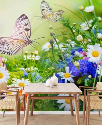 blue, green and white customizable butterflies wallpaper mural called Butterflies and Flowers for businesses, care homes and corridors blue, green and white customizable butterflies wallpaper mural called Butterflies and Flowers for businesses, care homes and corridors
