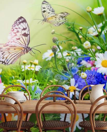 blå, grøn og hvid tilpasselig sommerfugl tapetmaleri kaldet Sommerfugle og blomster til virksomheder, plejehjem og korridorer blå, grøn og hvid tilpasselig sommerfugl tapetmaleri kaldet Sommerfugle og blomster til virksomheder, plejehjem og korridorer