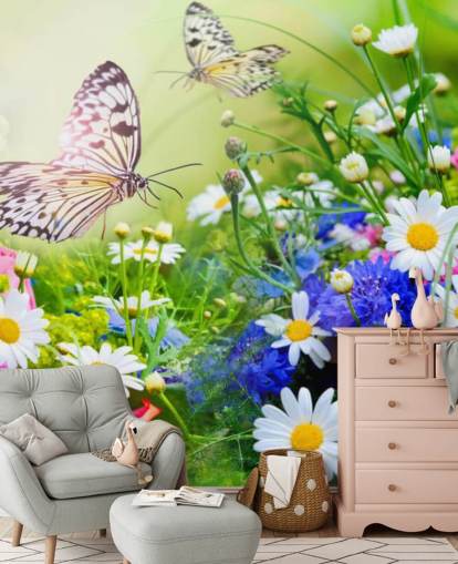 blue, green and white customisable butterflies wallpaper mural called Butterflies and Flowers for businesses, care homes and corridors blue, green and white customisable butterflies wallpaper mural called Butterflies and Flowers for businesses, care homes and corridors