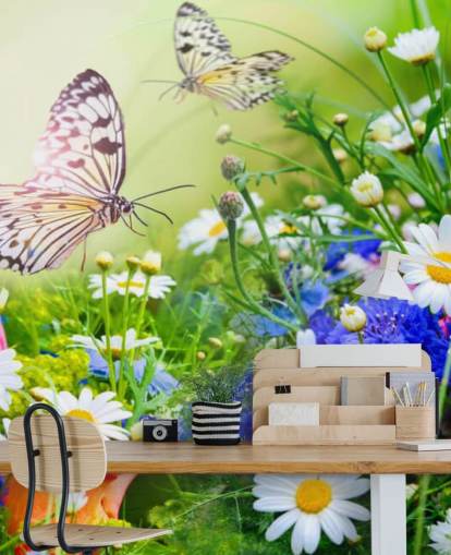 blå, grøn og hvid tilpasselig sommerfugl tapetmaleri kaldet Sommerfugle og blomster til virksomheder, plejehjem og korridorer blå, grøn og hvid tilpasselig sommerfugl tapetmaleri kaldet Sommerfugle og blomster til virksomheder, plejehjem og korridorer