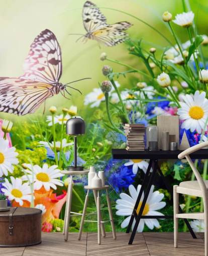 blue, green and white customisable butterflies wallpaper mural called Butterflies and Flowers for businesses, care homes and corridors blue, green and white customisable butterflies wallpaper mural called Butterflies and Flowers for businesses, care homes and corridors