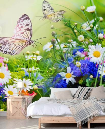 blue, green and white customisable butterflies wallpaper mural called Butterflies and Flowers for businesses, care homes and corridors blue, green and white customisable butterflies wallpaper mural called Butterflies and Flowers for businesses, care homes and corridors