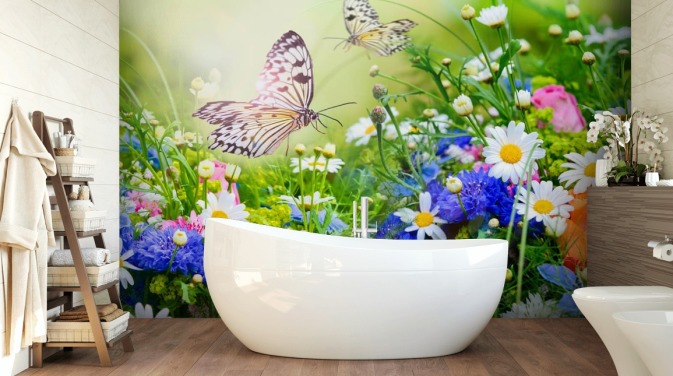 blue, green and white customisable butterflies wallpaper mural called Butterflies and Flowers for businesses, care homes and corridors