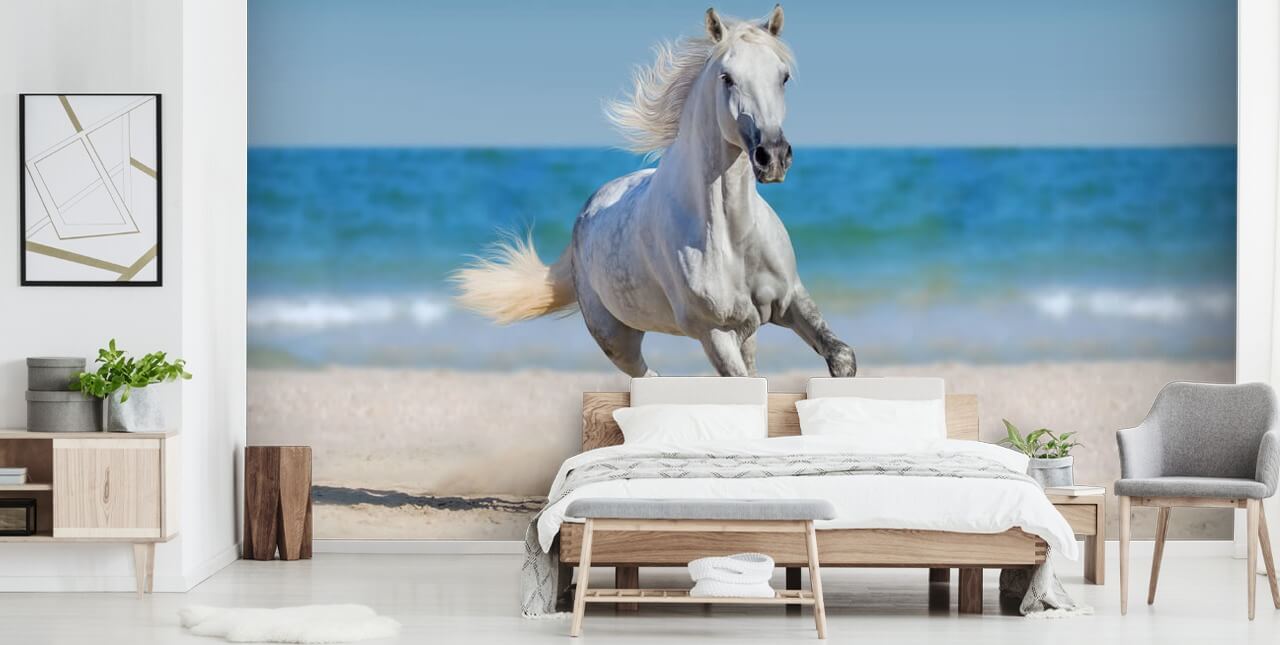 White Horse Running on the Beach Mural White Horse Running on the Beach Mural