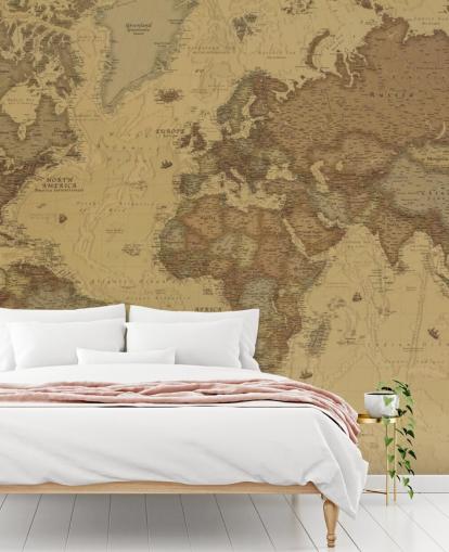 mural de papel pintado con un mapa vintage en sepia llamado Rustic World Map para dormitorios, cocinas y oficinas mural de papel pintado con un mapa vintage en sepia llamado Rustic World Map para dormitorios, cocinas y oficinas